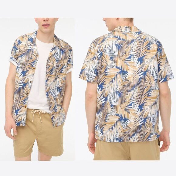 J Crew Men's Printed Flex Shirt Button Front Cotton Tropical Tan Blue Large - Picture 1 of 10